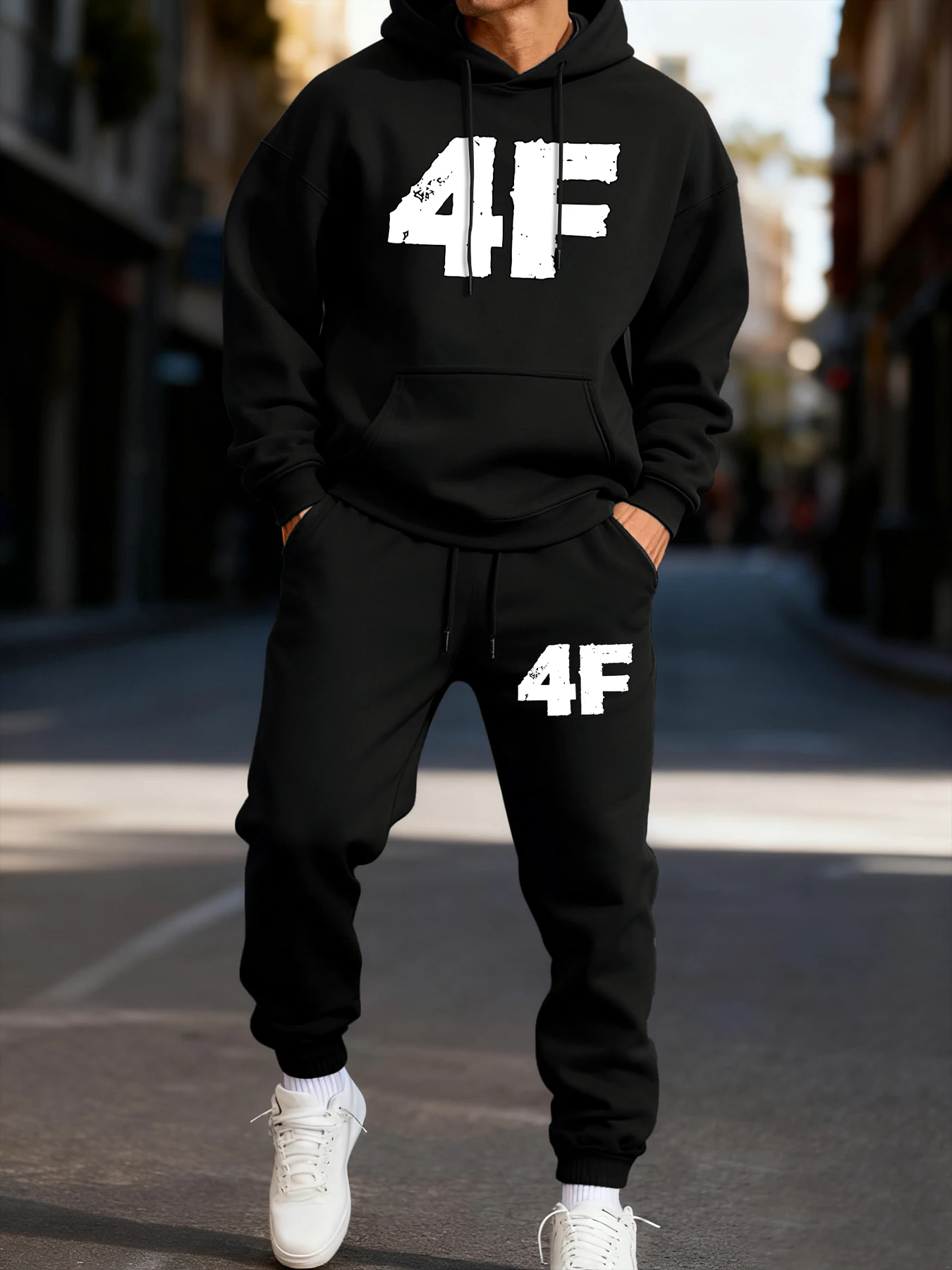 

4F Eye-Catching Printing Men Hoodie Set Autumn Casual Two Pices Sets Winter Sporty Pants Long-Length Street Jogging Streetwear