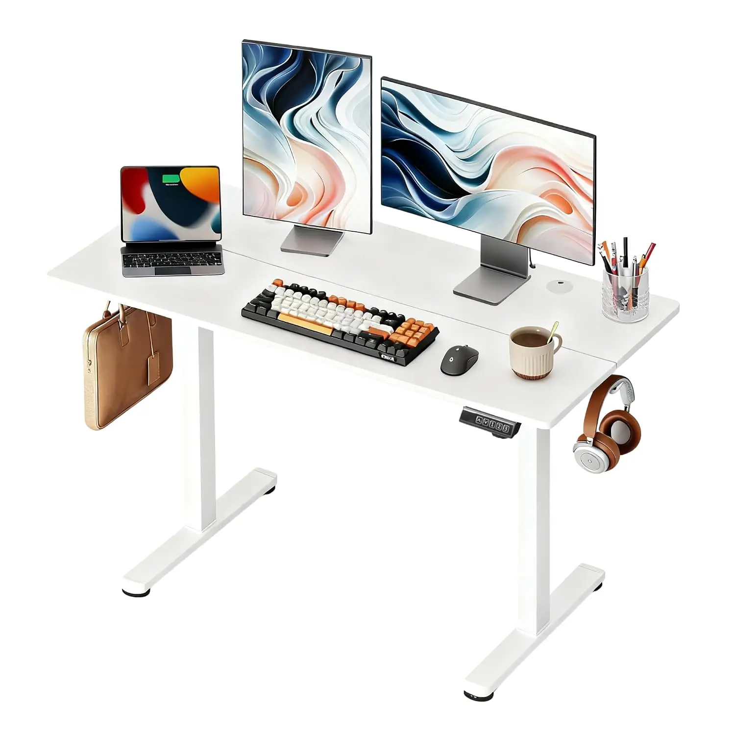 48 Inch Standing Desk Shelf Ergonomic Computer Desk White LED Touchscreen Headphone Hook 3 Memory Preset Home Office, Customized