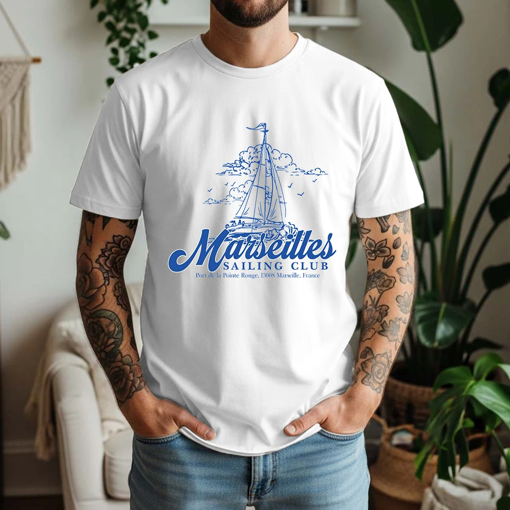 New Summer Men's 100% Cotton Short Sleeve T Shirt Retro Marseilles Coastal Sailing Graphic Print Breathable Casual Daily Tees