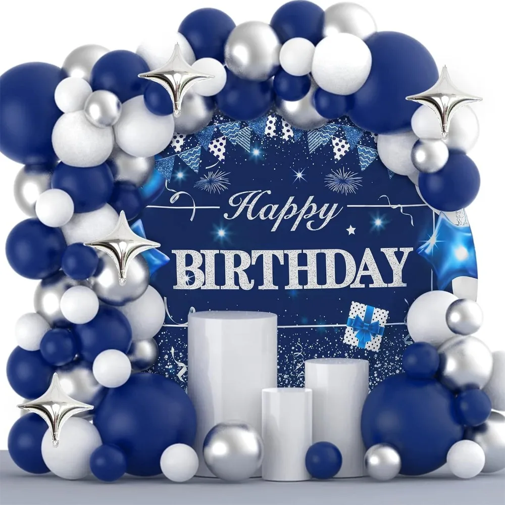 Juego de globos de plata azul de 105 piezas adecuado para aniversario de cumpleaños, ceremonia de adultos, ceremonia de graduación, decoración de fiesta