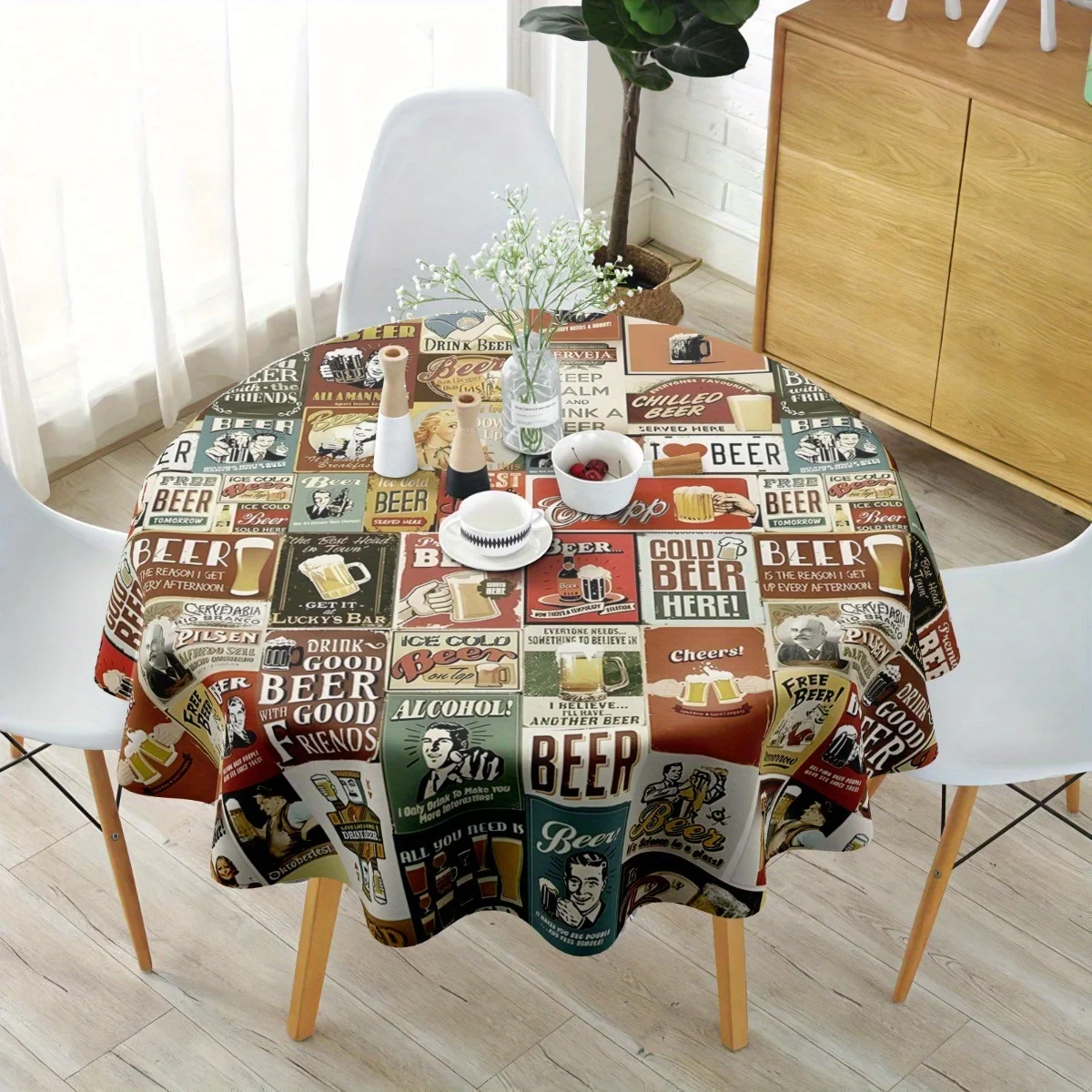 One vintage beer tablecloth - durable polyester, machine washable, available in round and rectangular options.