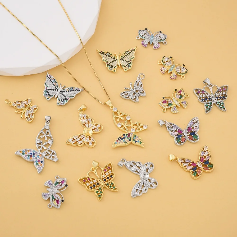 2 Pcs Pave Inlay Color Zircon Butterfly Pendant DIY Bracelet Necklace Making Accessories Copper Plated Hollow Jewelry Connector