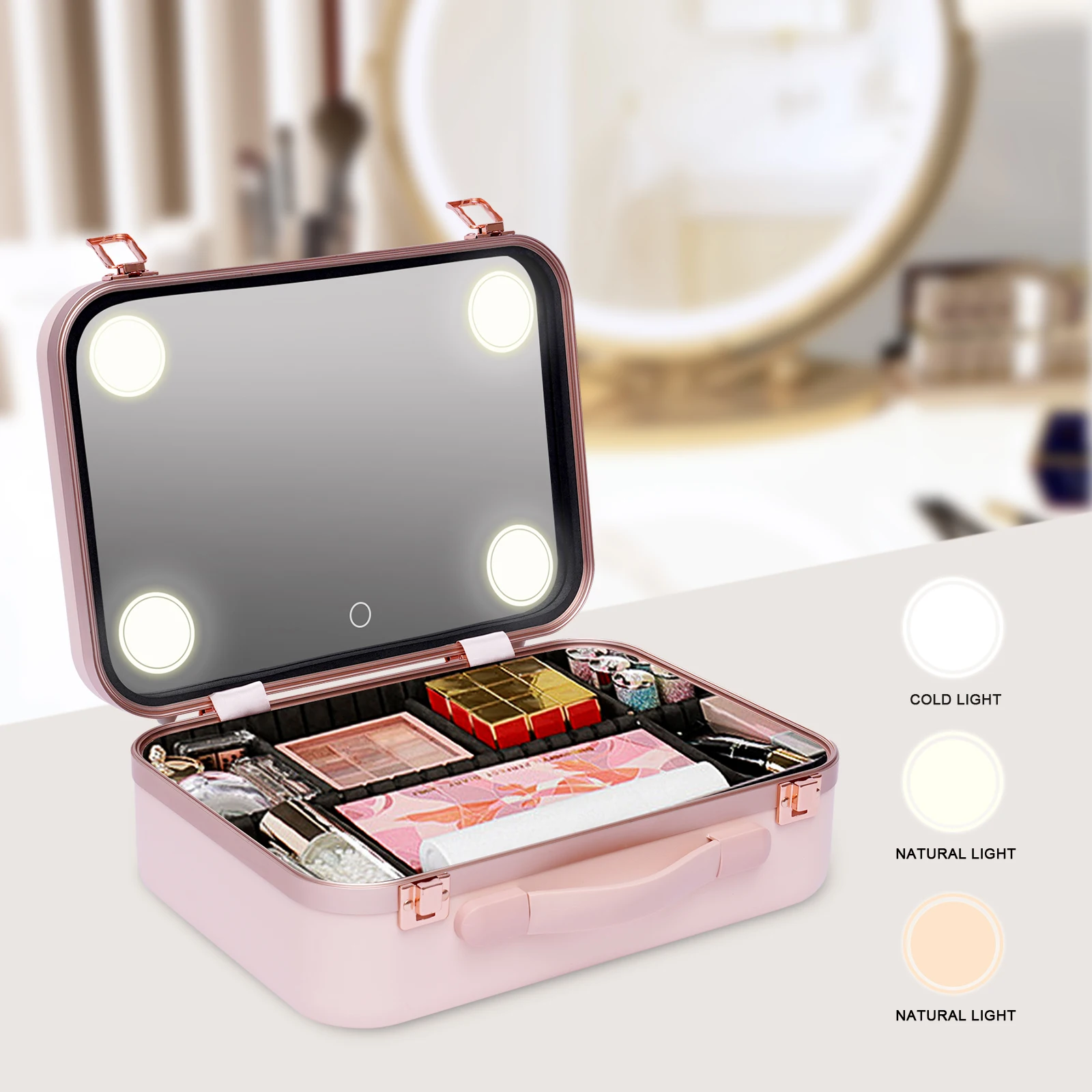 

Makeup Train Case, Cosmetic Storage Travel Suitcase, Cosmetic Organizer Box with Lights Mirror&Customized Dividers, Pink/White