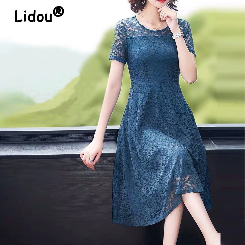 Women Clothing 2023 Sexy Lace High Waist Elegant Ladies Party Dresses Summer Fashion Solid Short Sleeve Slim Midi Dress Vestidos