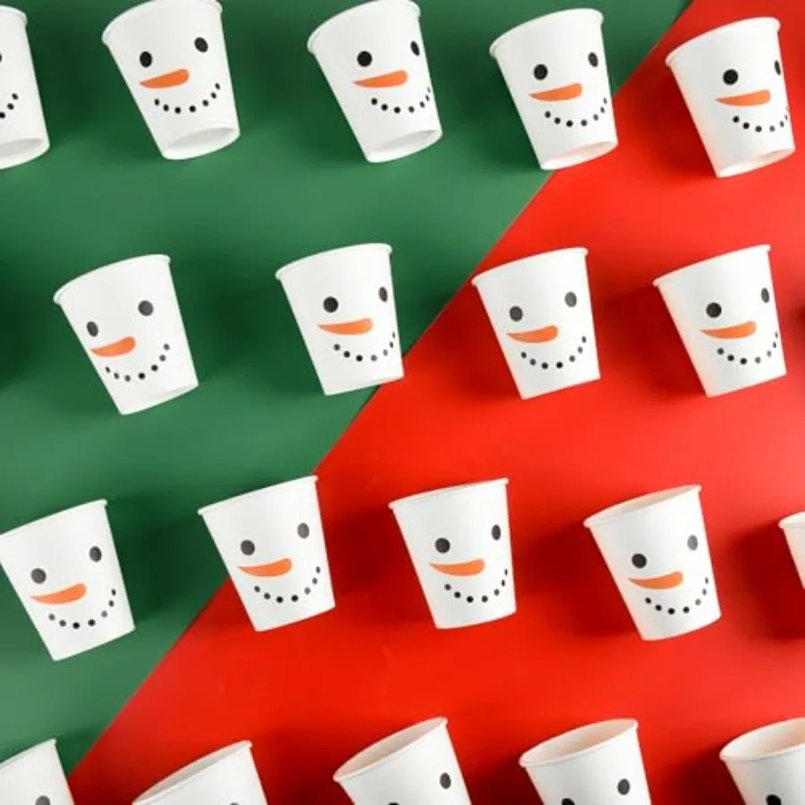 100Pcs Christmas Snowman Party Cups Xmas Disposable Paper Cups Festive Winter Smiling Snowman Face 9 Oz Drinking Cups for Bever