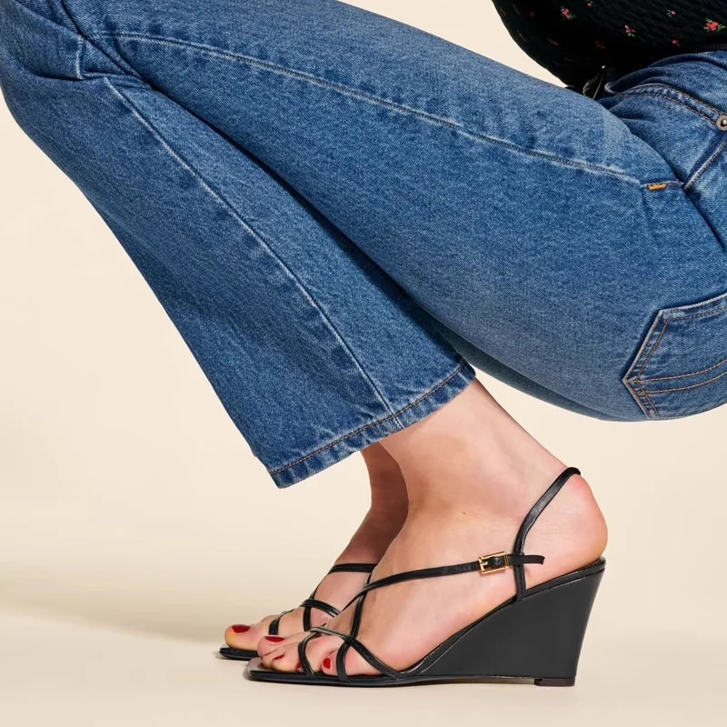 

Wedge Heel Square Open Toe Sandals Soft Leather Cross Thin Strap Buckle High Heels French Style Women's Shoes Sandalias Mujer
