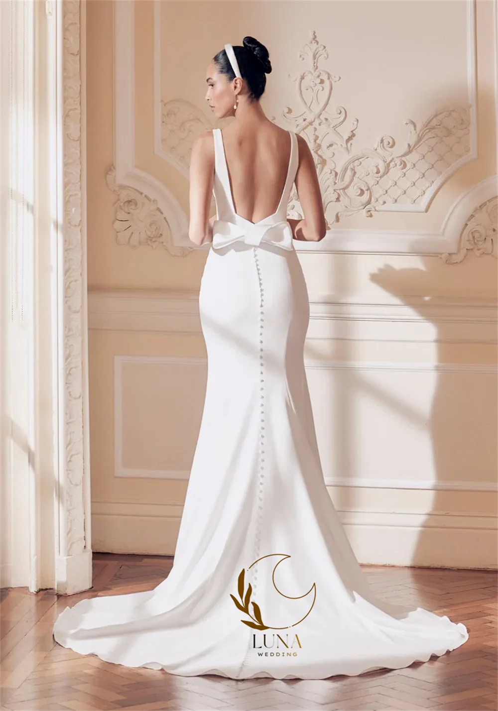 Luna Customized Simple O-Neck Mermaid Wedding Dress 2026 Sleeveless Bow Open Back Buttons Bridal Gown Vestidos De Novia