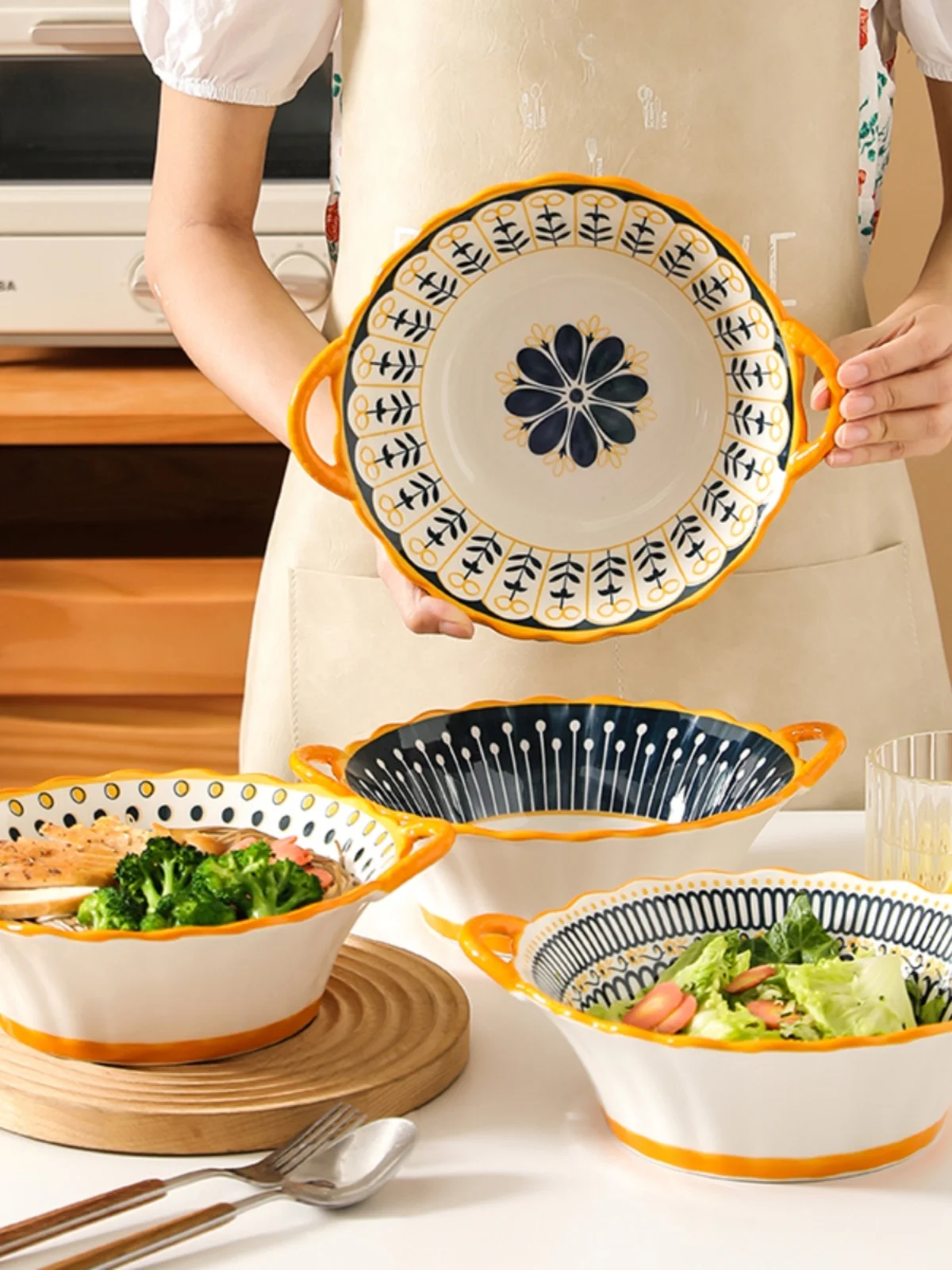 Tazón de cerámica creativo de doble asa para arroz, juego de vala de porcelana de diseño simple para uso doméstico, tazón ...