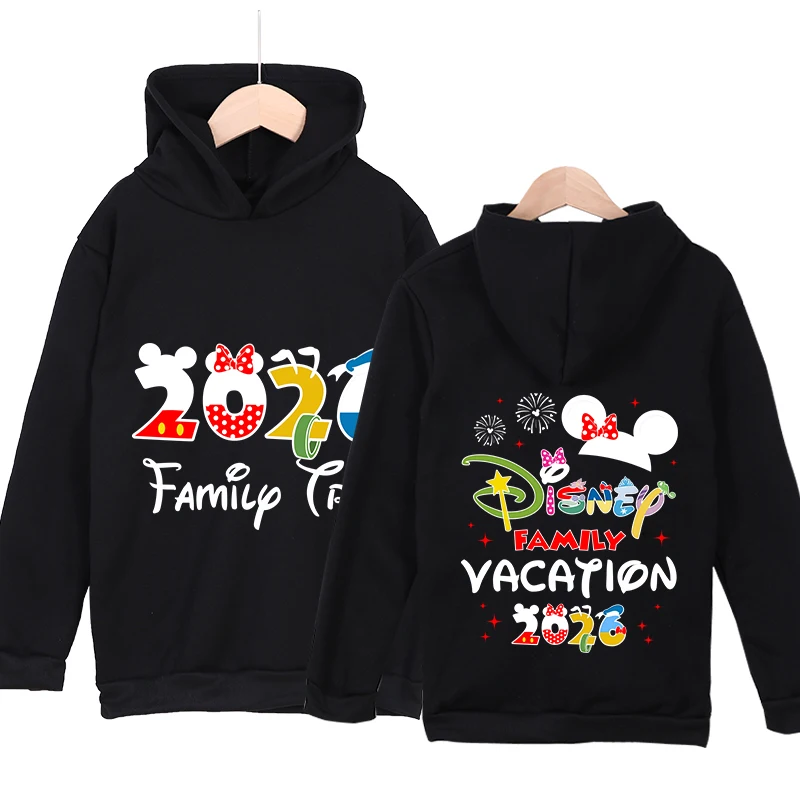 Sudadera con capucha para niños y niñas con estampado de personajes de Disney 2026, ropa cálida con forro polar para viajes familiares, ropa suave para otoño e invierno