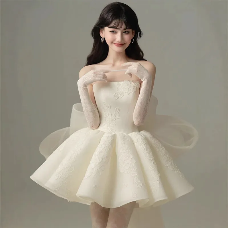 

Strapless Sleeveless Satin Dress Dinner Party Birthday Party Toast Dress Light Luxury Light Wedding Dress Customized