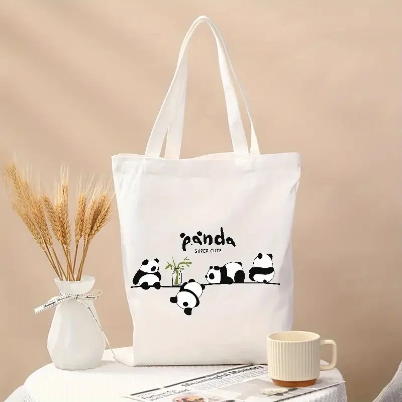 Cute Panda Print Canvas Tote Bag Kawaii Animal Eco Friendly Reusable Shoulder Bag for Women Students Daily Use