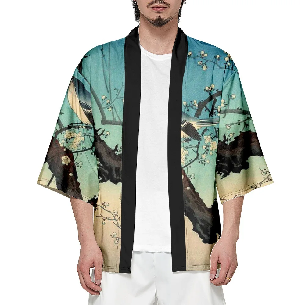 Flowers and Birds Print Kimono Shirt  Japanese Traditional Haori Women Men Beach Yukata Streetwear Cardigan Asian Clothing