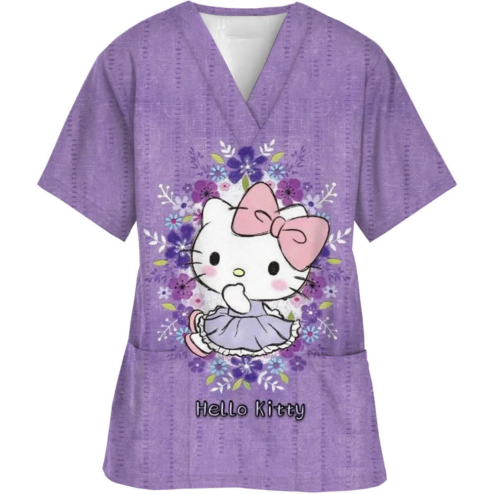 Hello Kitty Print Summer Nurse Uniform Scrubs Tops Womens Cartoon Short Sleeve Pocket Overalls Uniforms Medical Nursing Blouse