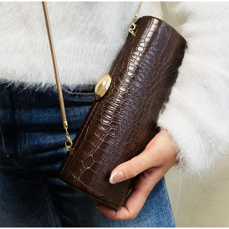 Bolso de mano de marca con patrón de cocodrilo para mujer, bolso Rectangular con cadena de oro nuevo marrón, bandolera de hombro de diseñador de lujo de alta gama