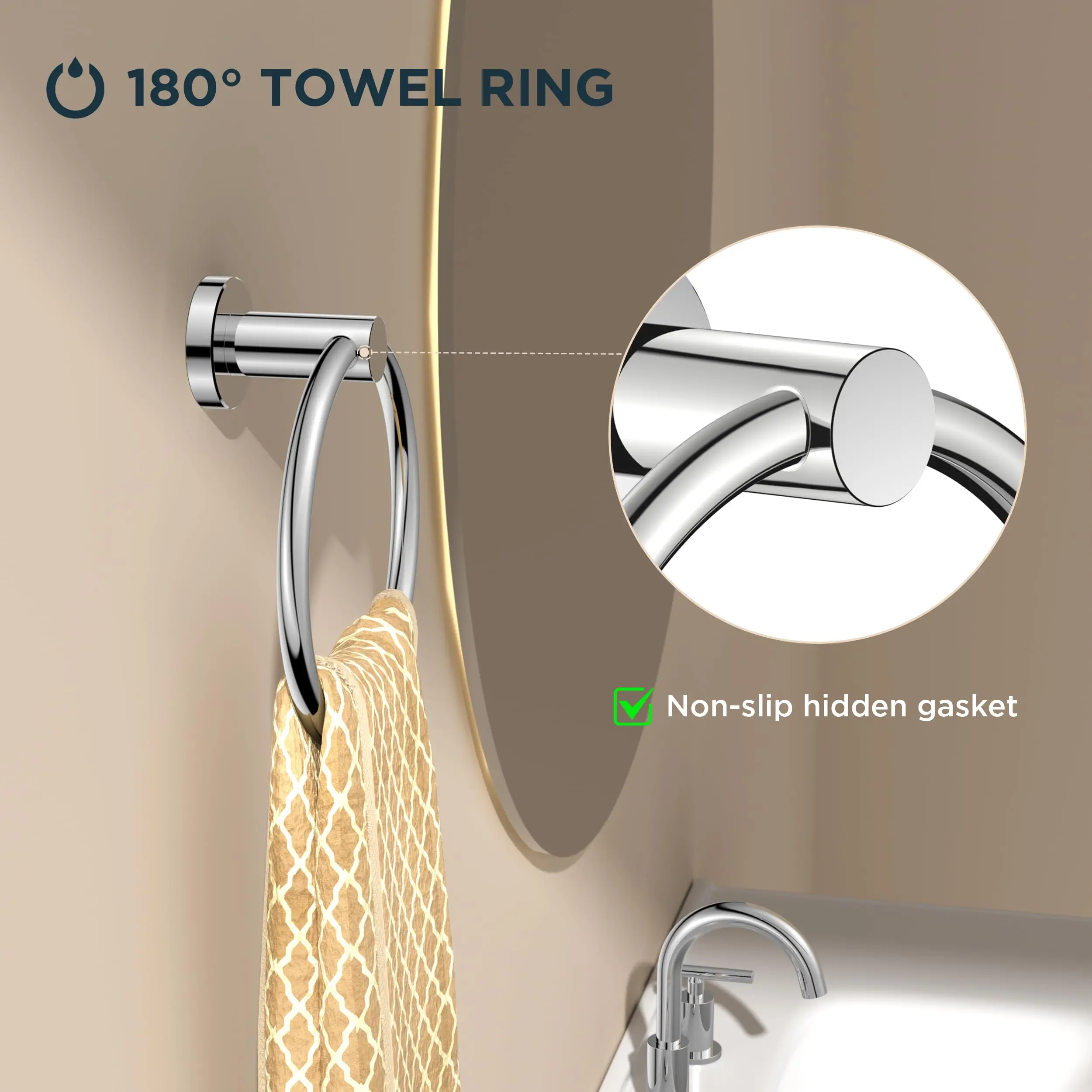 Badezimmer-Handtuchringhaken, Hardware-Zubehör, Aufbewahrungshalter, Handtuchhalter aus Edelstahl 304, moderner runder Handtuchhalter – Detail 9