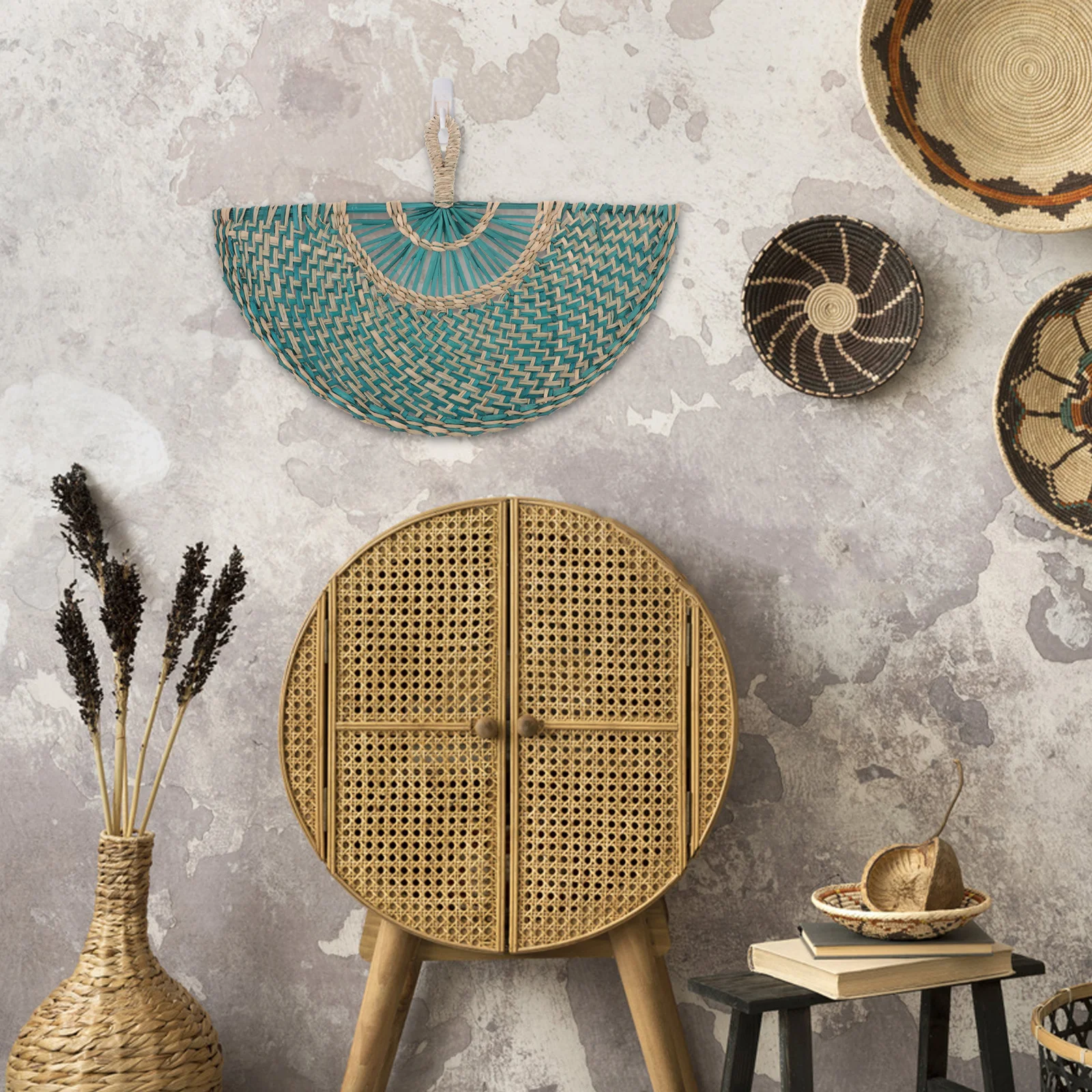 

Handmade Woven Fan Natural Straw Semicircle Summer Cooling Decor Vintage Farmhouse Wall Art Boho Hanging Indoor Rustic