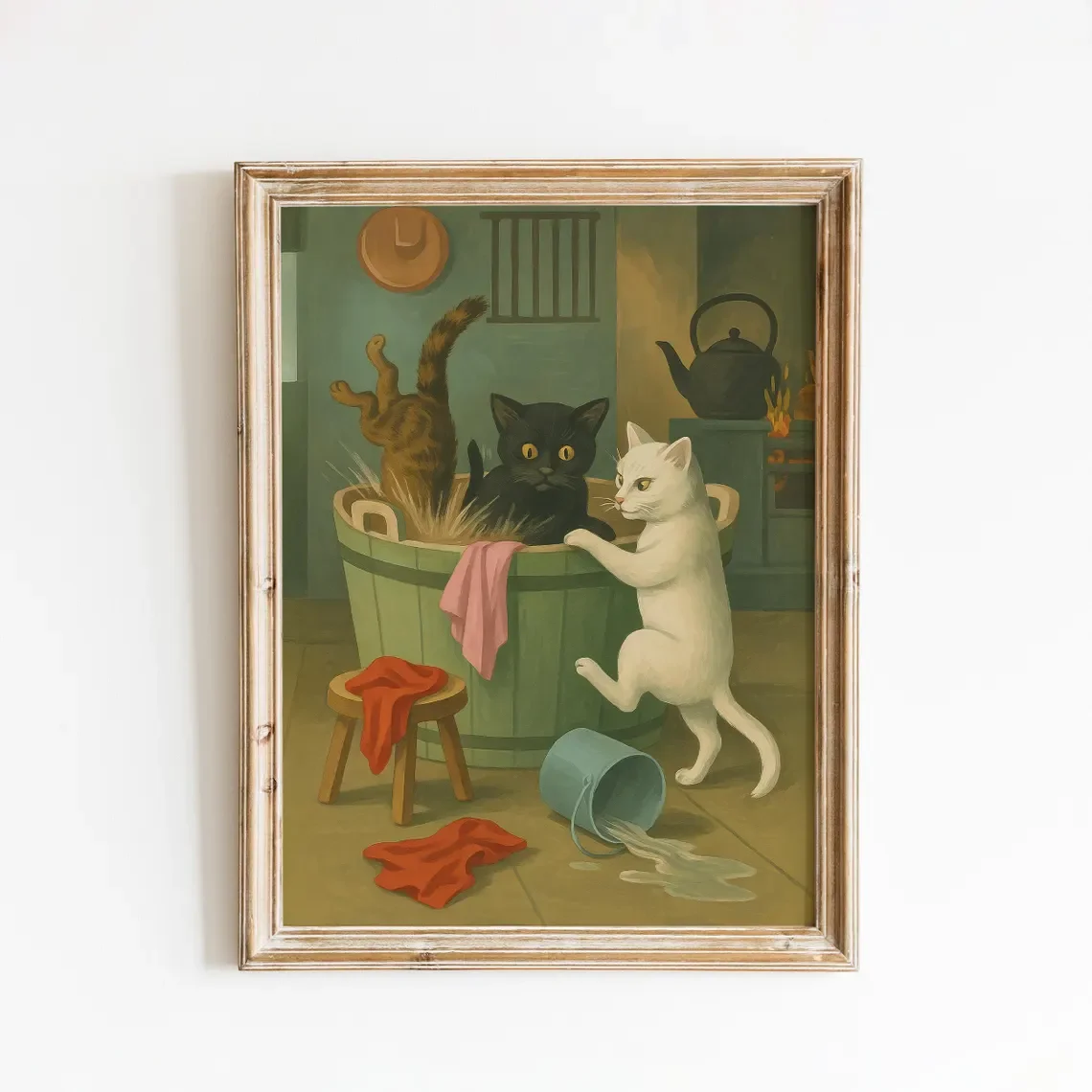 Vintage Playful Bath Cats Wall Decor Print - Perfect Gift for Cat Owners, Farmhouse Home Stylists, or parents furnishing cozy co