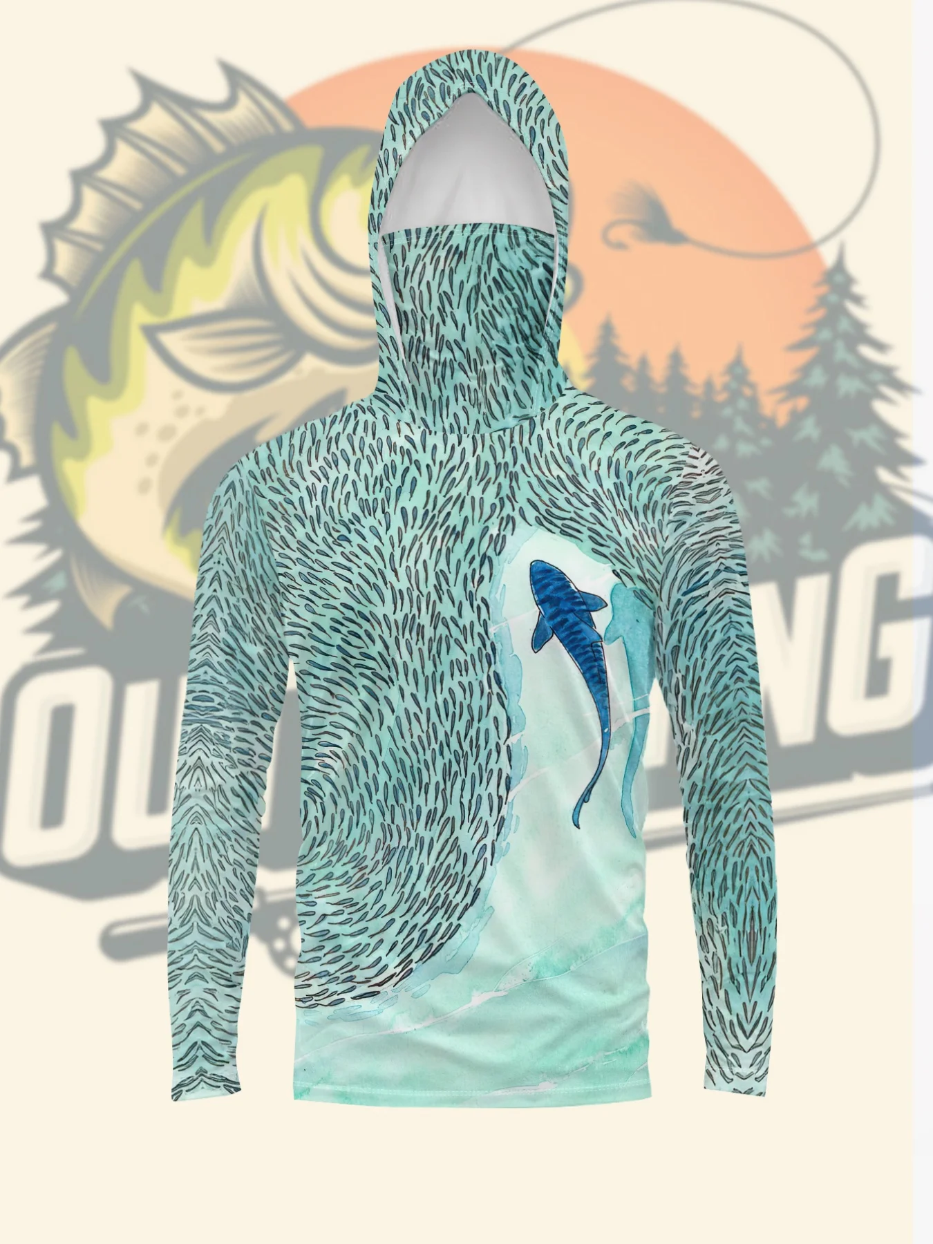 Herren Angelhemd mit Hai-Print, Anti-UV, Kapuze, Gesichtsmaske, UPF50+, schnelltrocknend, atmungsaktiv, langärmelig, Outdoor-Sport-Oberteil – Detail 3