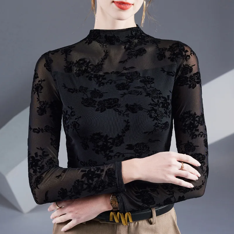 New 2025 Spring Long Sleeved Women's T-Shirt Elegant Slim Elastic Flocking Mesh Tops M-3XL Black High Collar Clothes