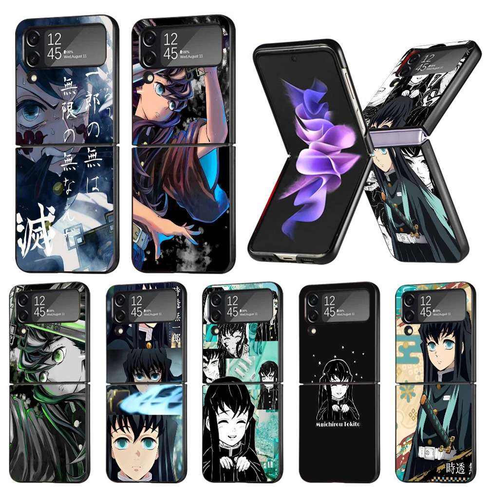 Demon Slayer Tokitou Muichirou Hard PC Phone Case For Samsung Galaxy Z Flip6 Flip5 Flip4 Black Cover Z Flip 6 5 4 3 5G Shockproo