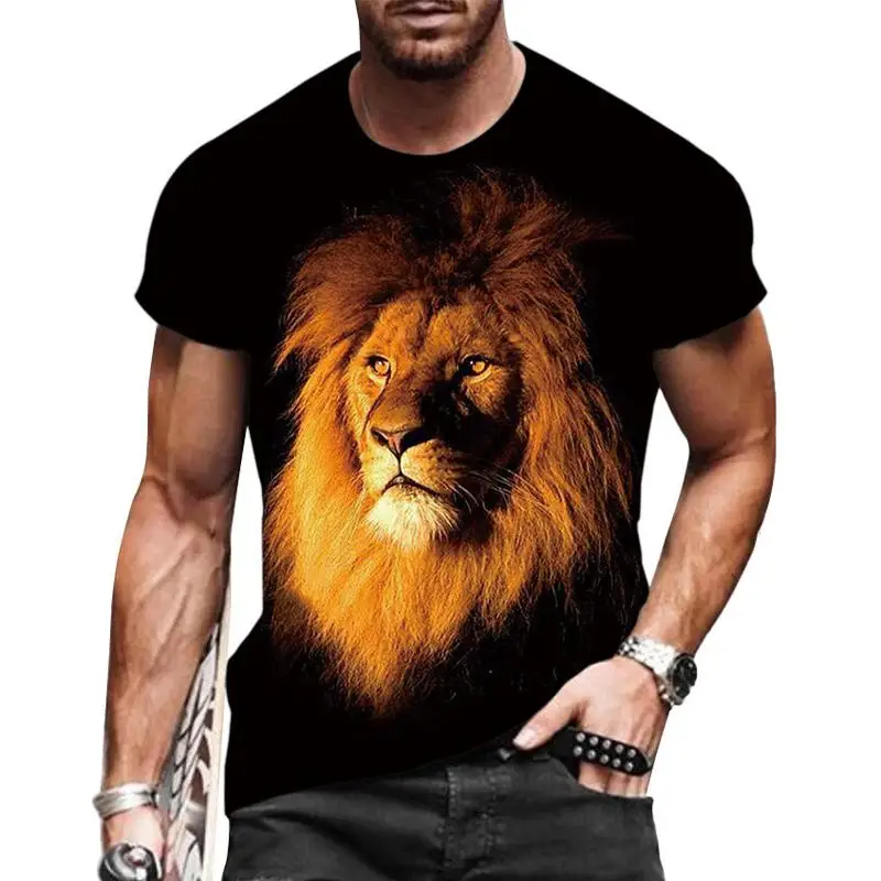 

T Shirts Men Fashion Short Sleeve Black Gold Lion Print Vintage Party Streetwear