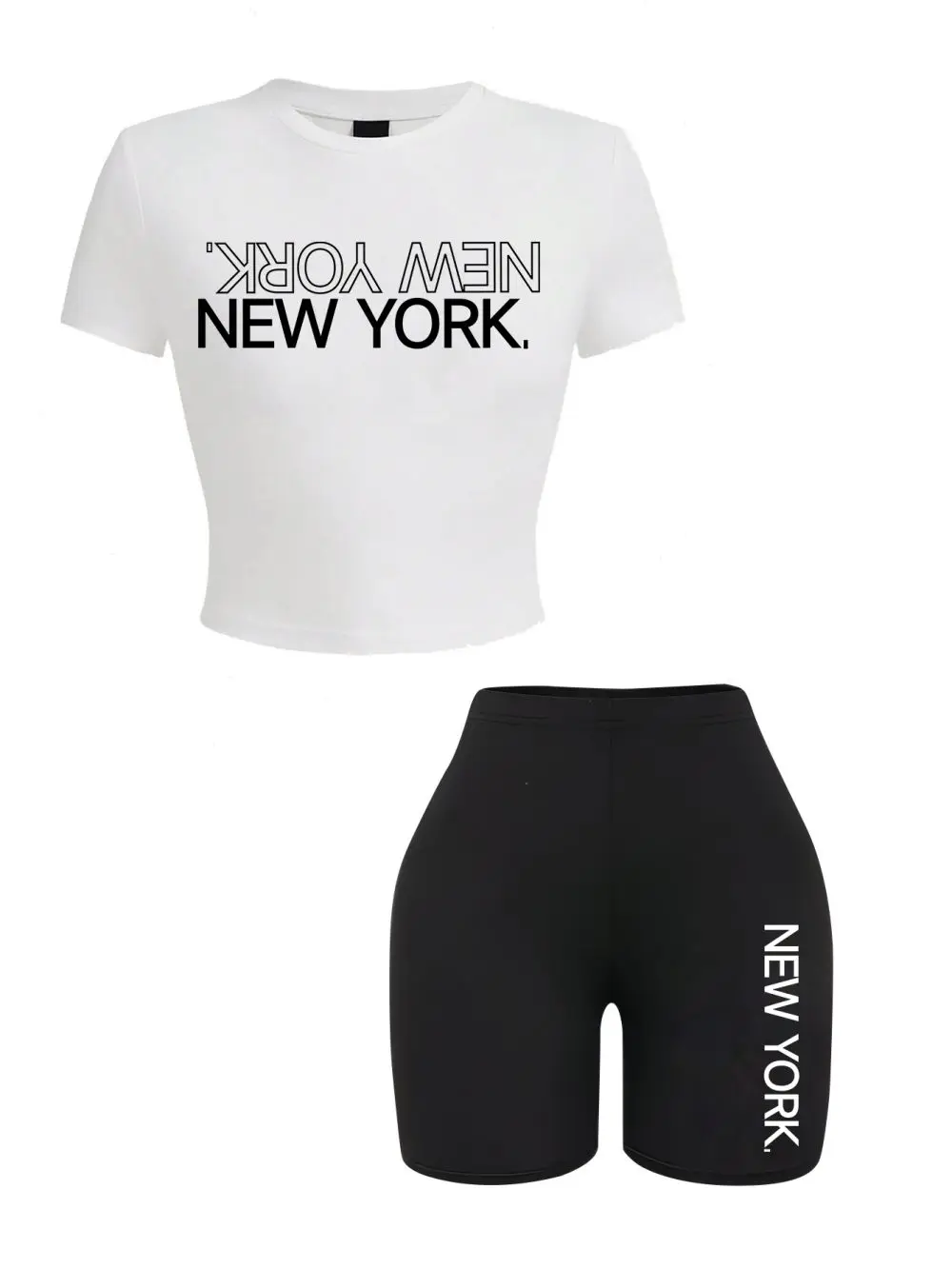 2 Pieces Set Fashion Women High Elastic Crop Tops New York City Letter Prints T-Shirts & Pants Street Modal Cotton Soft Clothes