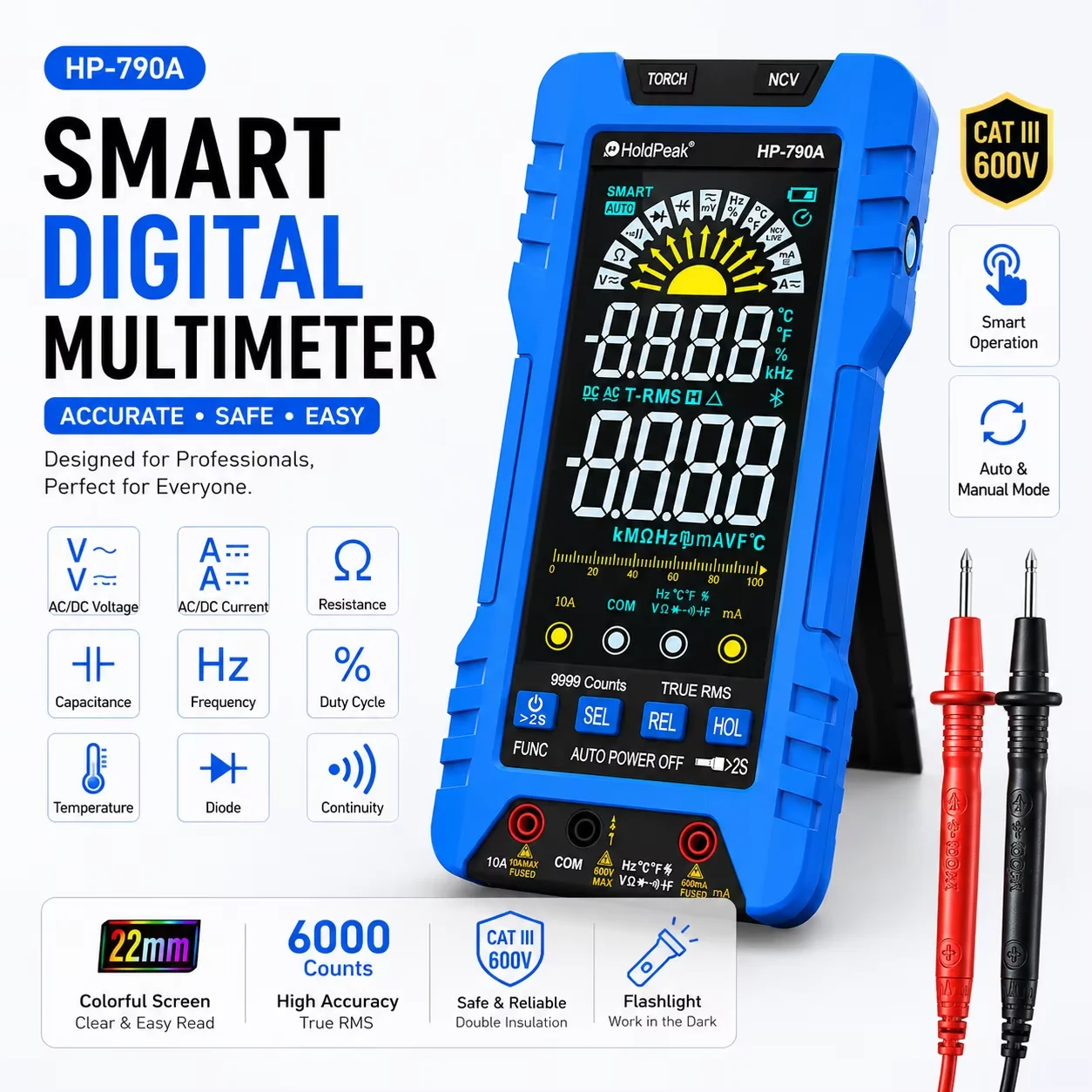 HoldPeak True RMS Multimeter 6000 Counts 0.5% DC CAT III 600V Auto-Range NCV Live Wire Temp Cap 10A IEC1010 for Electrician HVAC