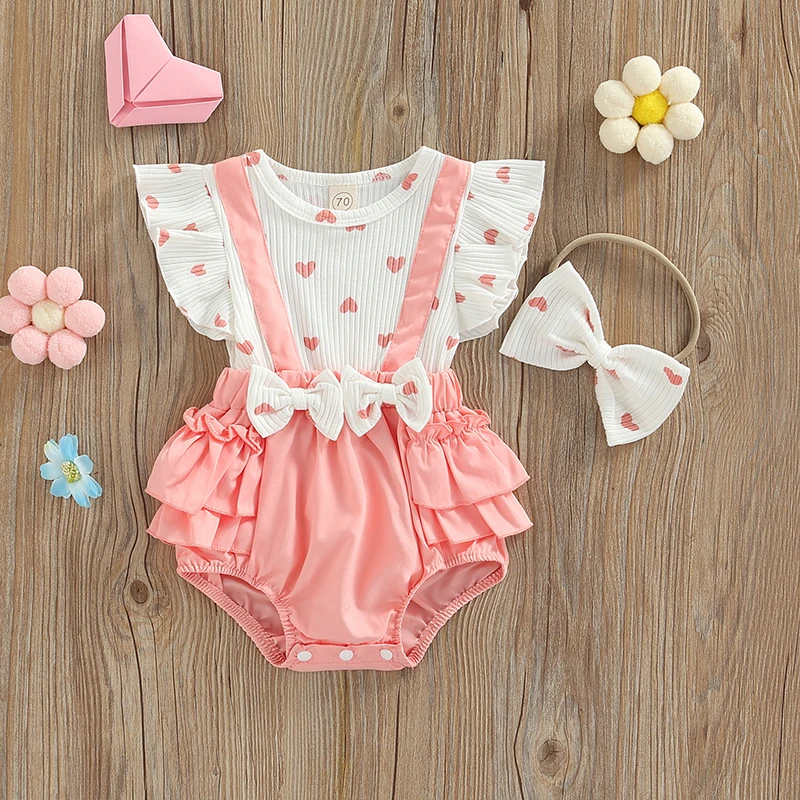 0-18 Months Toddler Baby Summer Clothes Girls Bodysuit Layette Pink Heart Pattern Fake Two Pieces Romper and Bow Knot Headdress