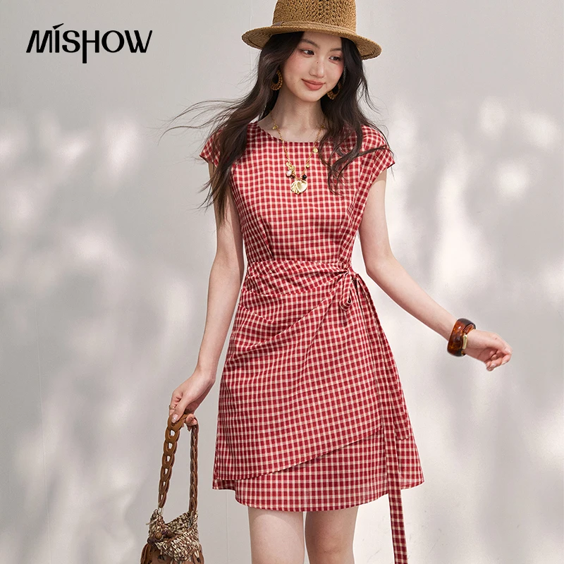 

MISHOW Women's Gingham Plaid Dress 2026 Summer French Cap Sleeve Round Neck Tie Waist Slim Fit Vintage Midi Dress MXF28L2778