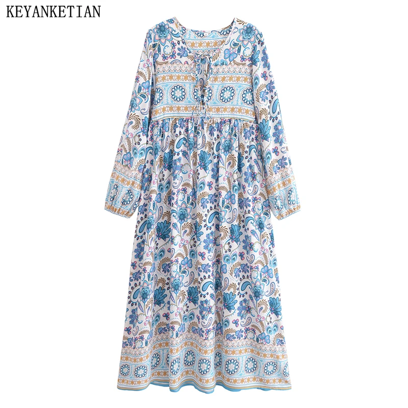 KEYANKETIAN 2026 New Women's National style Printed Dress Beachwear Lace Up Decoration Loose Long Sleeve A Line MIDI Dresses