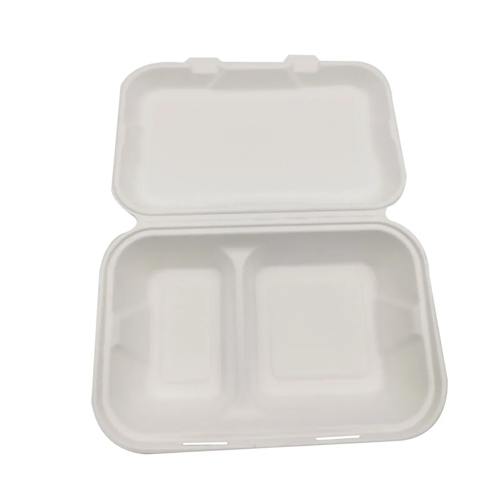 Biodegradable Sugarcane Bagasse Clamshell 9*6 inch 2- Compartment 100% Compostable Take Away Lunch Box 100pcs