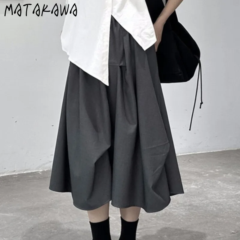 

Matakawa Y2k Japanese Style Long Skirt Spring Autumn Vintage Folds A-line Faldas Mujer Solid Grunge Loose Simple Women Skirt