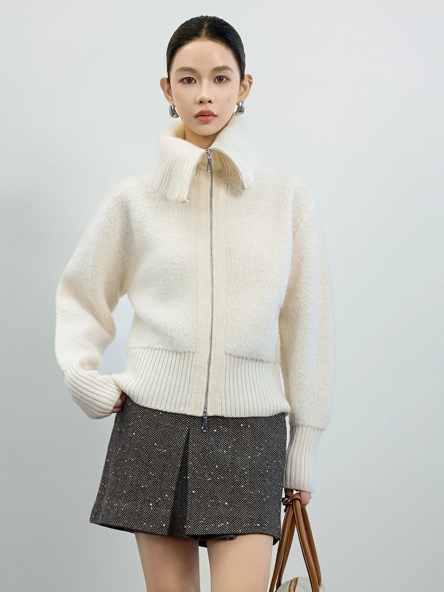 

Autumn Winter New Sle Miss Snail Wool Knitted Open Cardigan Women Loose Slimming Double Zipper Large Collar Sweater Coat