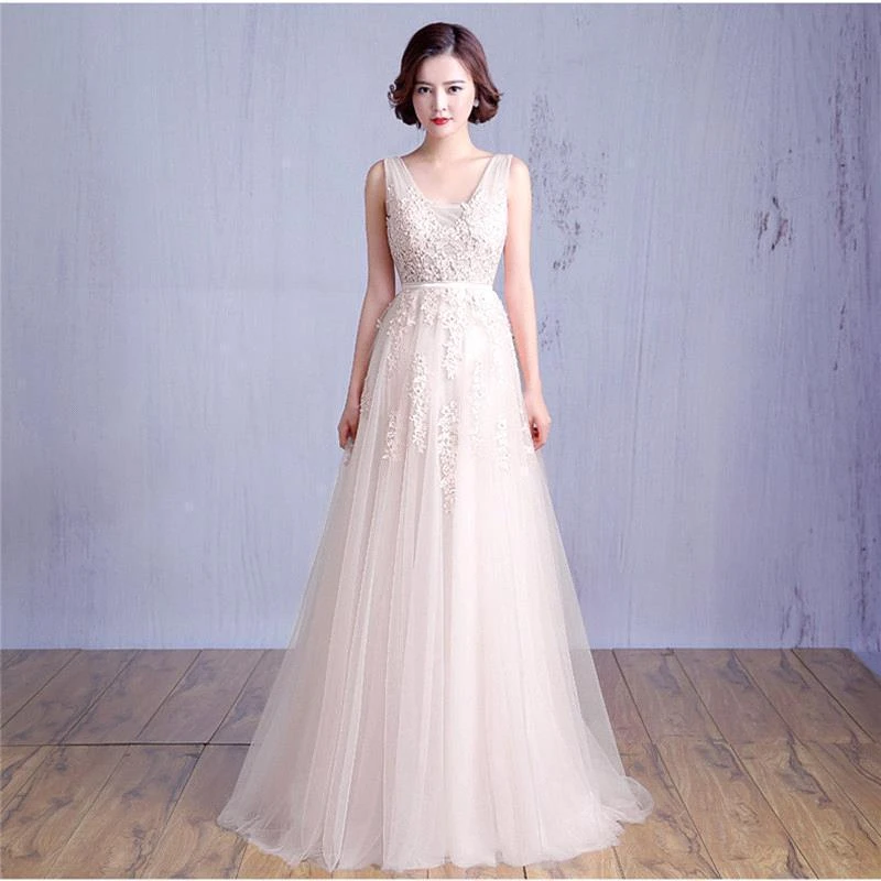 Geburtstagsgeschenk auf Lager, elegantes Tüll-Abschlussballkleid, Applikationen, Perlen, Abendkleid, V-Ausschnitt, Brautjungfernkleid, Vestidos De Fiesta