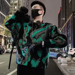Autumn Winter New Fashion Round Neck Long Sleeve Printing Contrast Color Pullovers Men's Clothing Korean All-match Knitting Tops