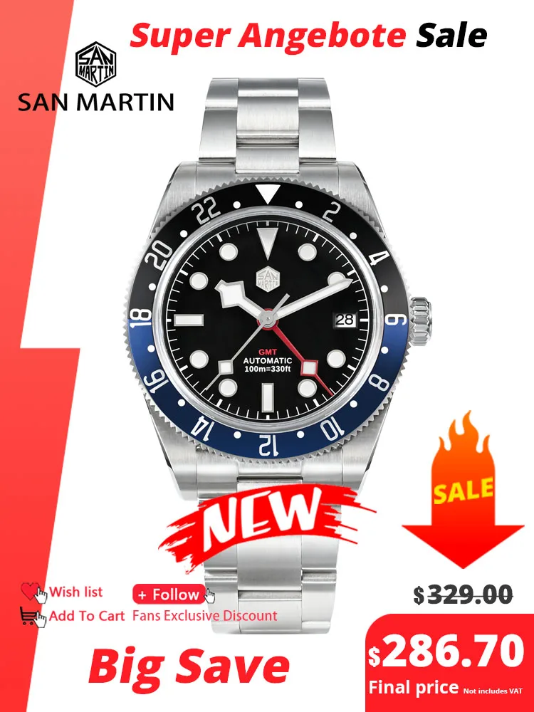 

San Martin 2024 NH34 GMT Luxury Men's Automatic Mechanical Bidirectional Aluminum Bezel Watch 3H Date Waterproof 100m SN0109