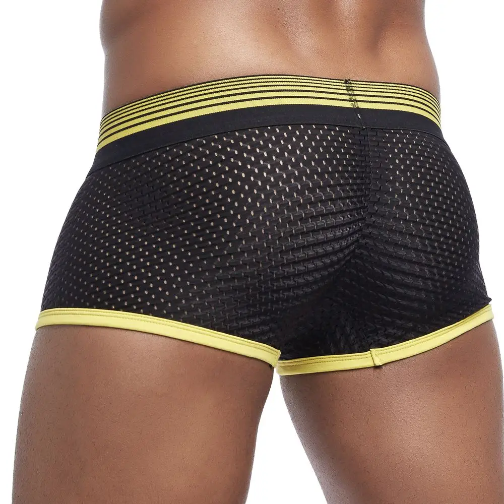 Men\'s Underwear Sexy Low Waist Breathable Boxer Briefs Black Mesh Fabric Gay Male Swimming Trunks Gym Casual Everyday Shorts