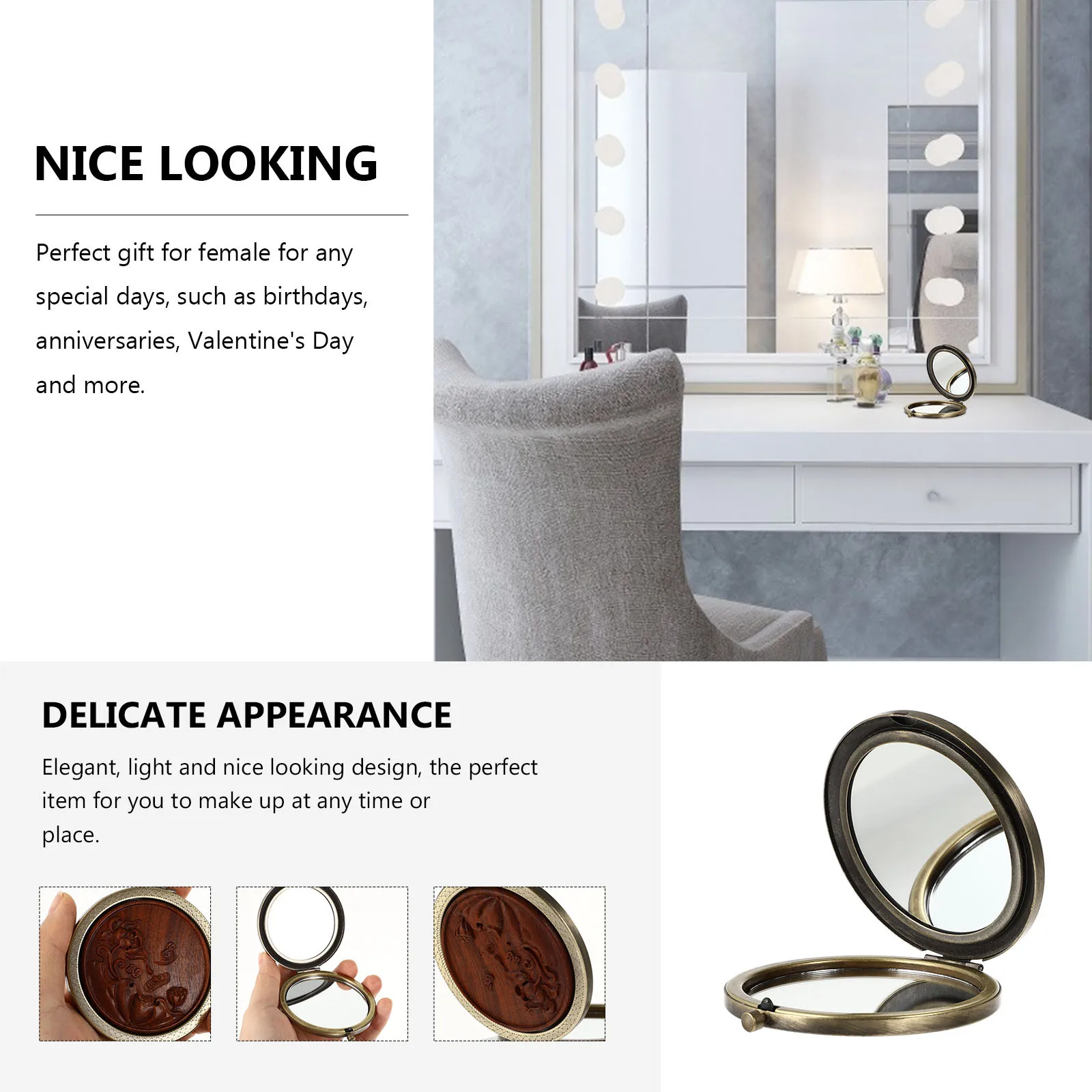 Folding Makeup Mirror Portable Compact Round Wood Metal Retro Design Travel Women Gift Clear Non-Distorted Reflection Daily