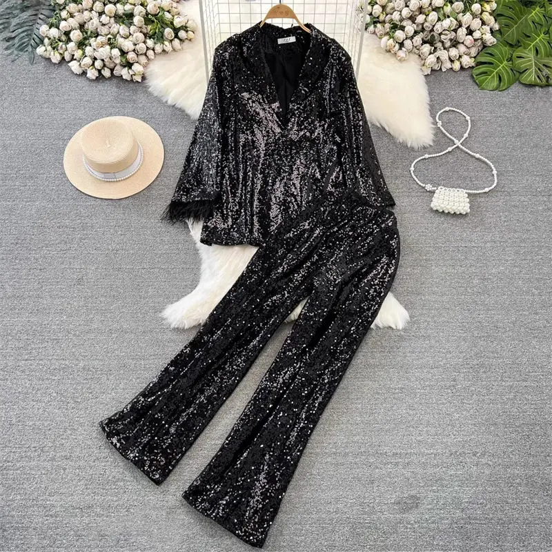 Blazer And Pants Set For Women\'s Fashion Sequins Suit Jacket Two-Piece High Waisted Slim Straight Wide Leg Trousers Outfit Z3896