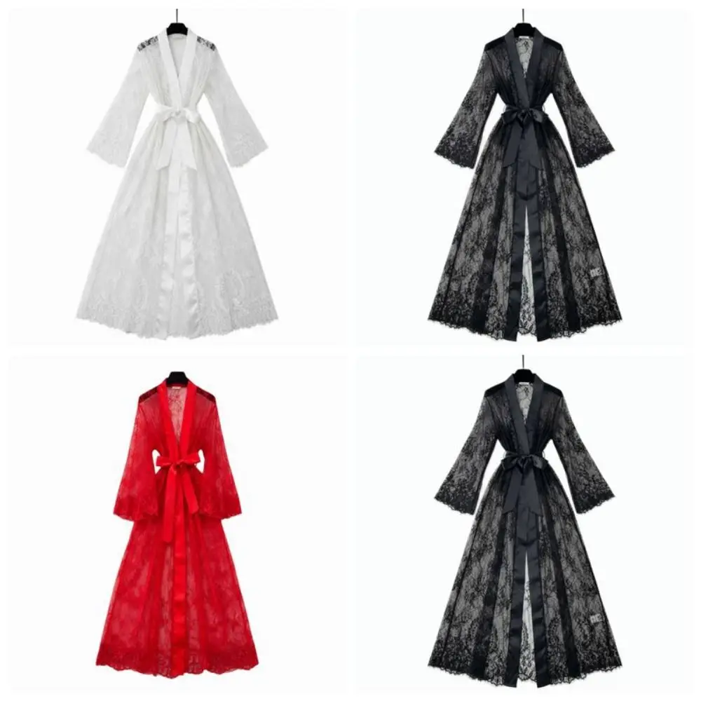 Elegant Long Sleeve Long Lace Robes Hollow Out Nightdress Sheer Robes Dress Transparent Ultra-thin Bridal Robe Appointment view 5