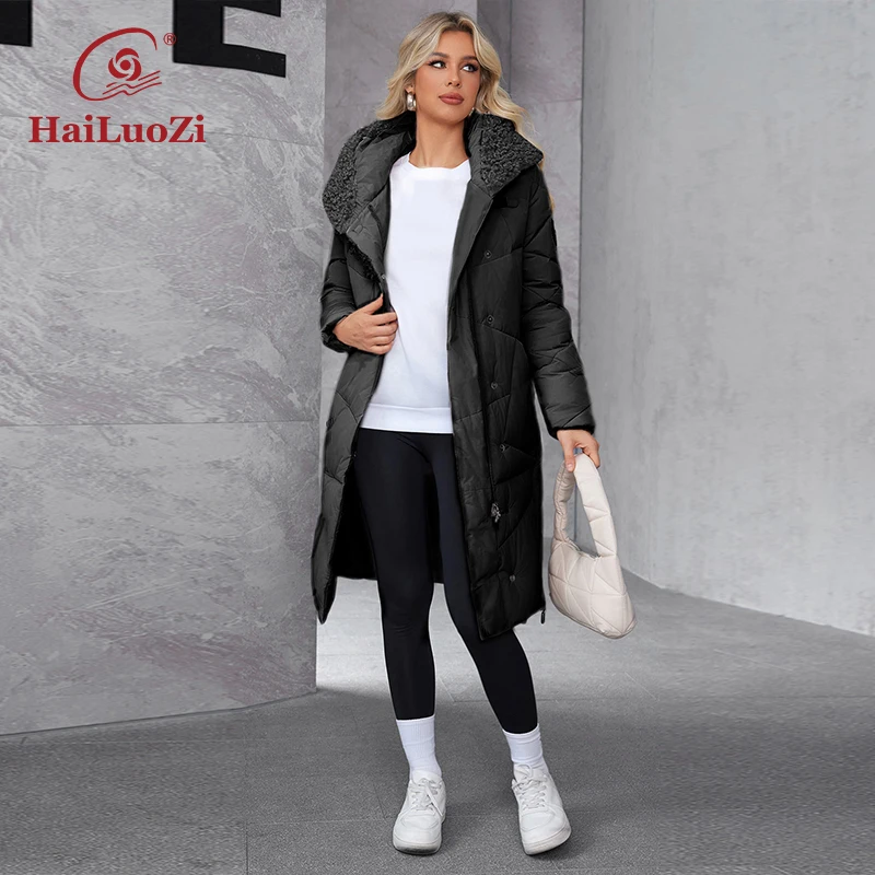 HaiLuoZi 2022 New Winter Women\'s Jacket Long Thick Bio Cotton Pocket Hood Zipper Lamb Fur Female Clothing Parkas Women Coat 51