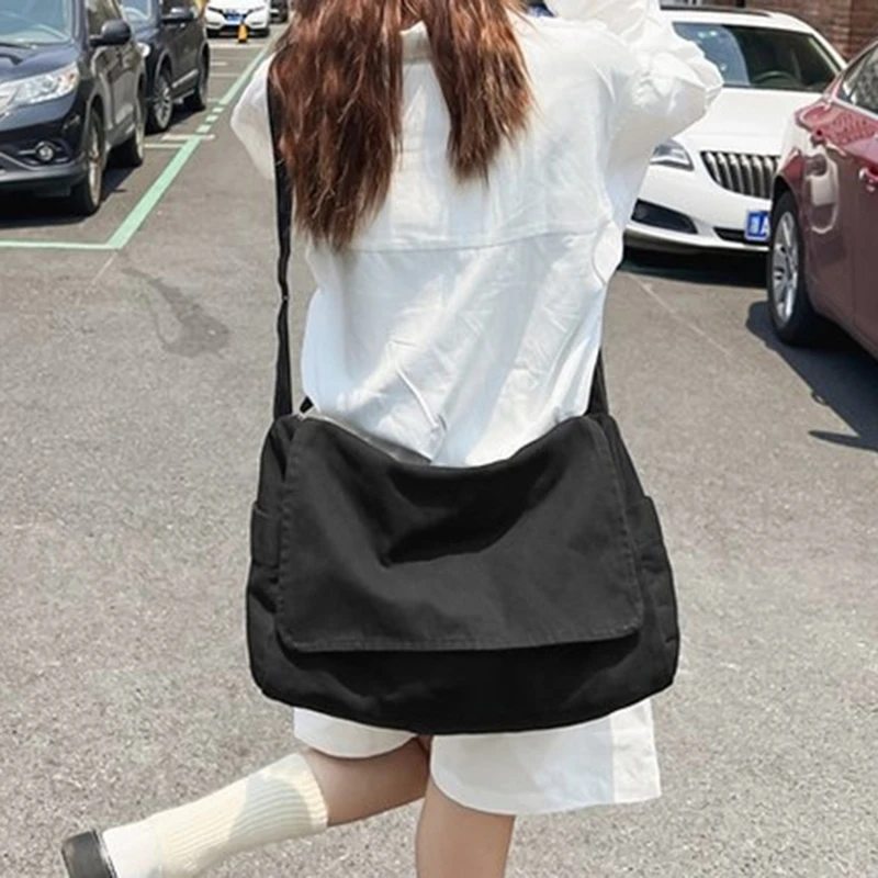 Female Canvas Fabric Hobo Soft Slouchy Shoulder Bag Y2K Student Leisure Medium Size School Book Laptop Pouch Messenger Side Bag