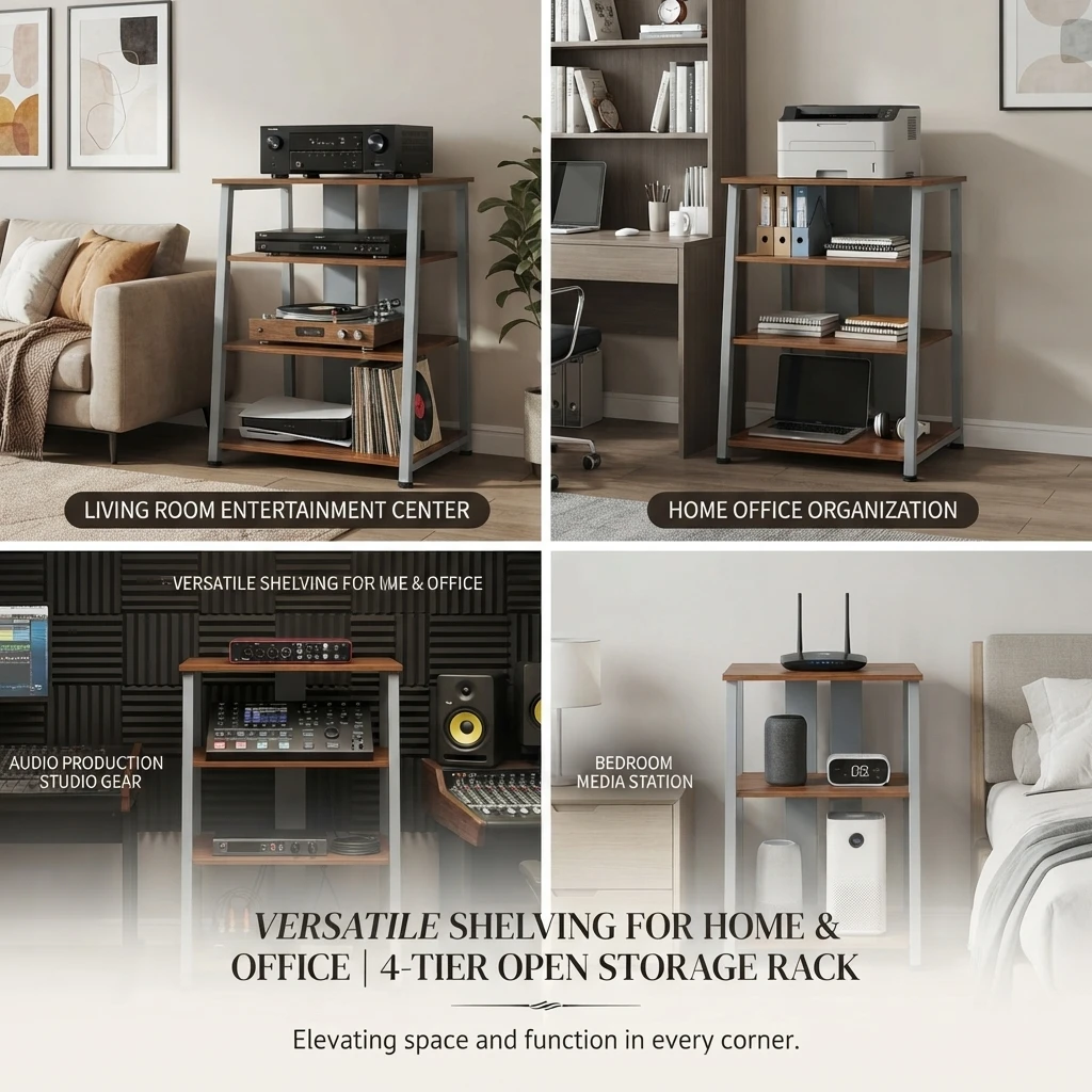 4-Tier AV Media Stand, Stereo Rack with Storage Shelves, 110 lbs Capacity Carbon Steel & MDF Equipment Organizer for Home Office, Grey