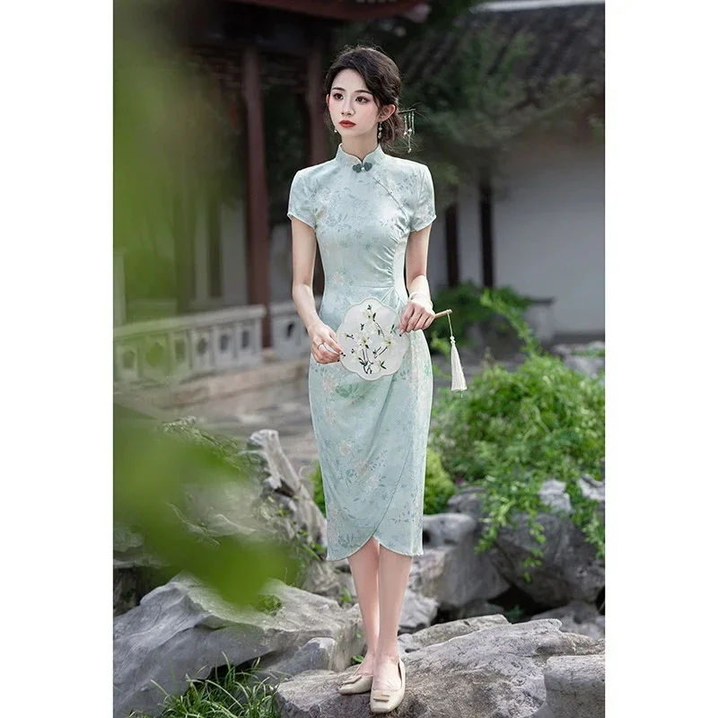 

Новое жаккардовое платье Cheongsam весна/лето 202, длинное улучшенное двухслойное платье Cheongsam Qipao для девочек
