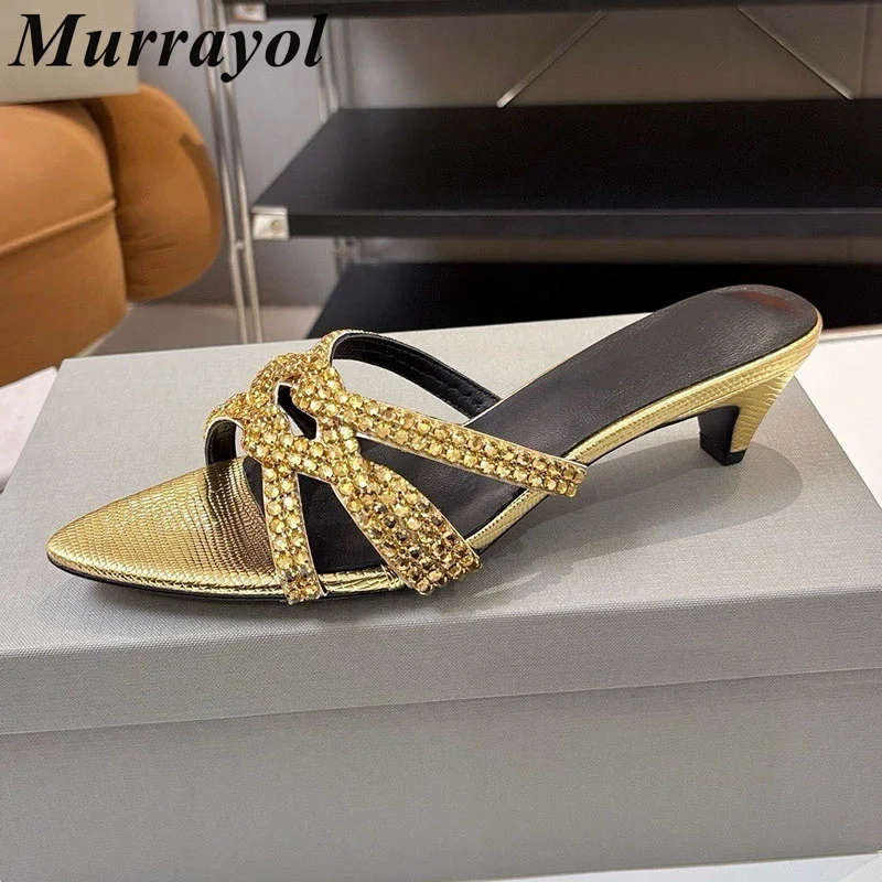 Slippers Kitten Heels Women Real Leather Narrow Band Bling Crystal Decor Sandals Lazy Sandalias Mujer Summer Party Dress Shoes