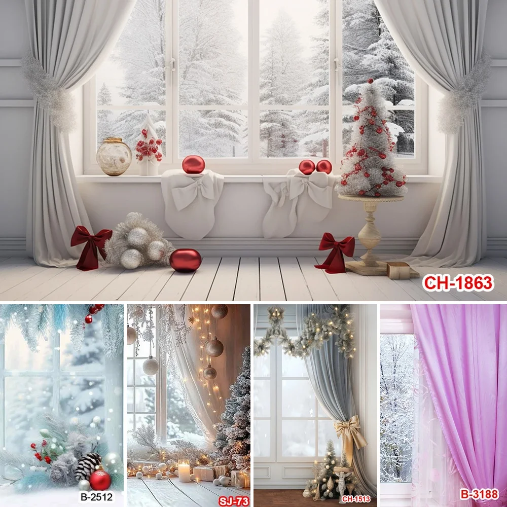 Winter Window Photography Backdrop Draped Interiors with Snowy Views and Gentle Seasonal Lighting for Family and Kids Portraits