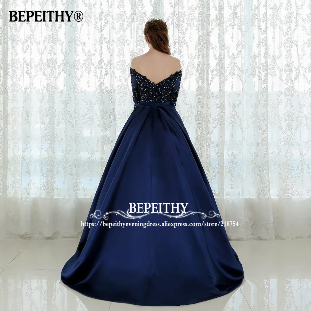 BEPEITHY Robe De Soirée Femme Off  The Shoulder A line Evening Dress Elegant Full Sleeves Purple Lace Bodice Prom Dresses 2023