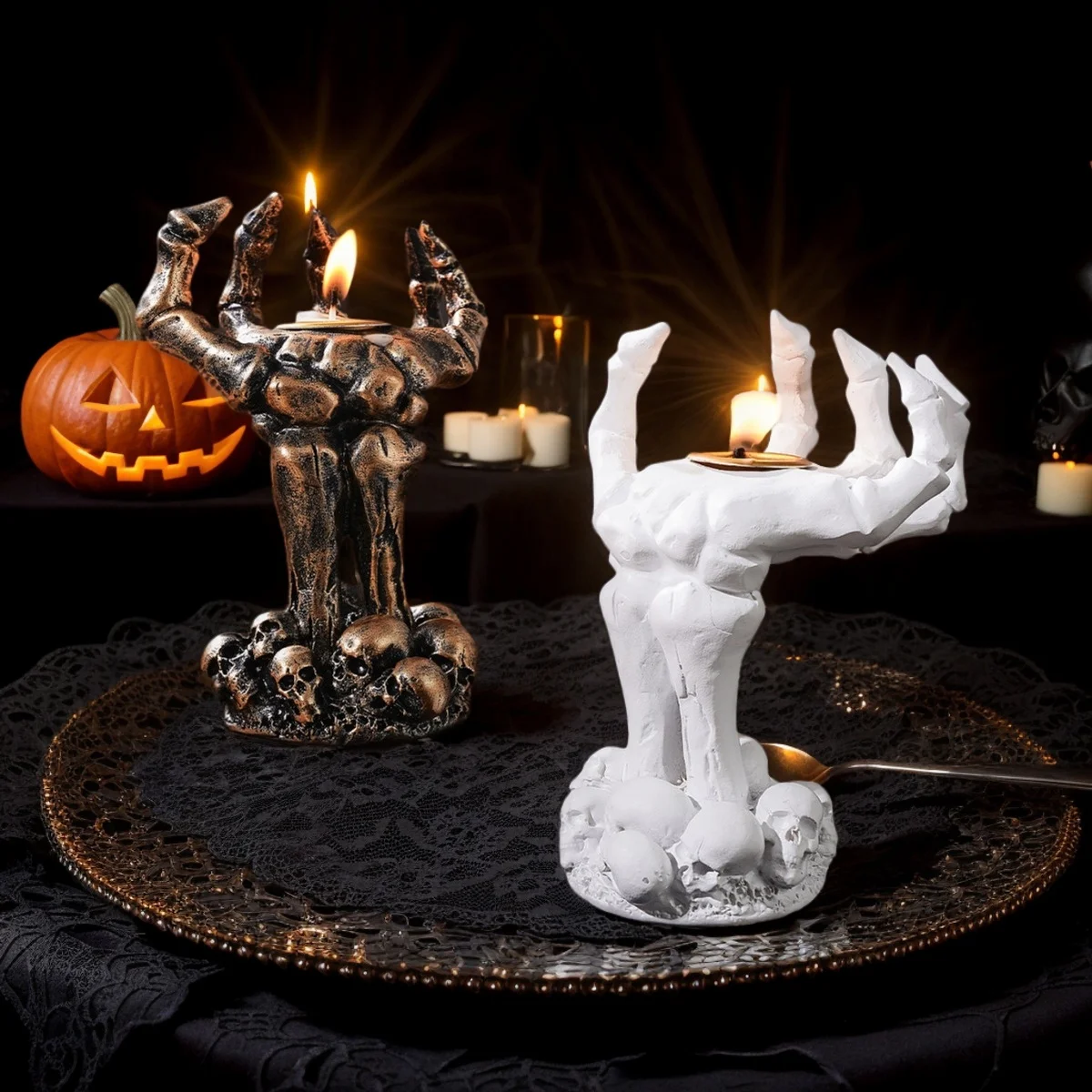 1 Stück, Halloween-Party, dekorierter Kerzenhalter aus Kunstharz mit Retro-Totenkopfhänden