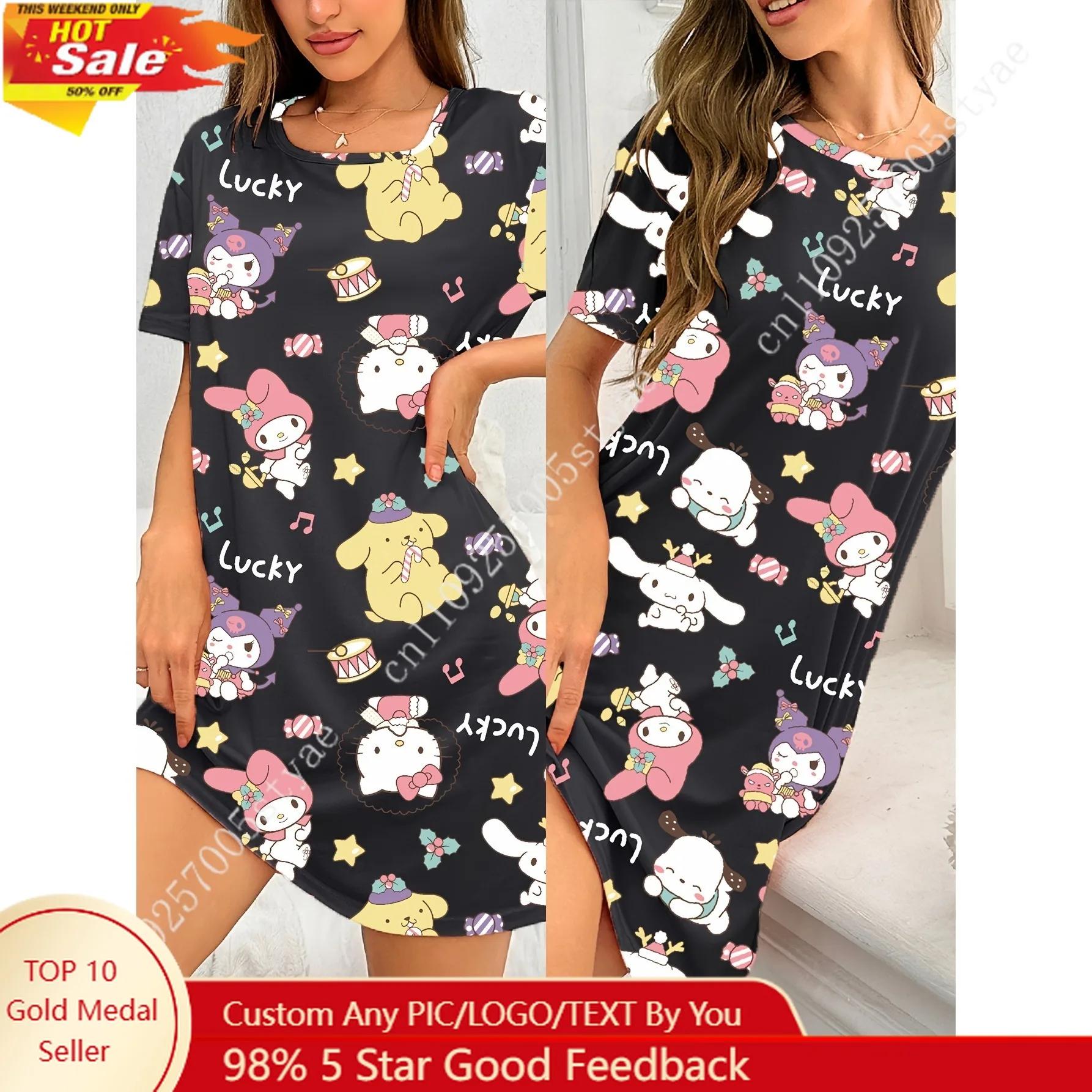 Sanrio Family Pompompurin My Melody Black Printed Women'S Dress Summer Round Neck Short Sleeve Casual Nightgown
