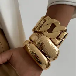 KunJoe Exaggerated Smooth Gold Color Wide Chain Spring Bangle for Women Hip Hop Metal Geometric Cuff Bracelet Unisex Men Jewelry